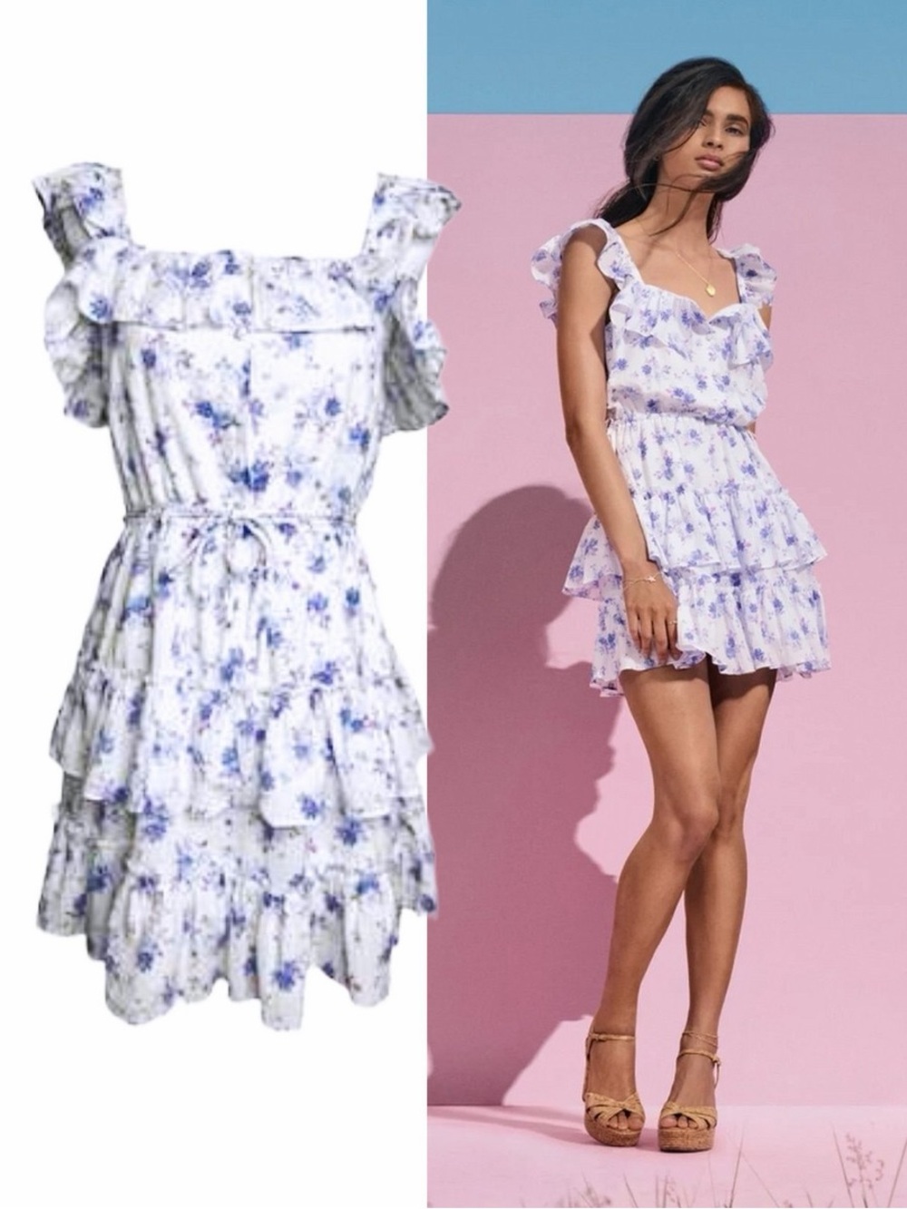 LoveShackFancy White Mini Dress with Blue Floral Print